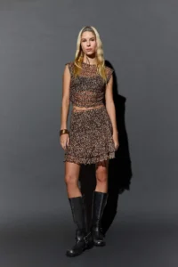 DeFacto Fitted Leopard Pattern Tulle Short Sleeve T-Shirt - Image 2
