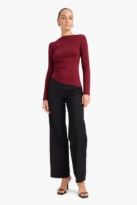 DeFacto Slim Fit Boat Neck Ribbed Long Sleeve T-Shirt - Image 2