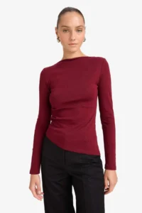 DeFacto Slim Fit Boat Neck Ribbed Long Sleeve T-Shirt - Image 3