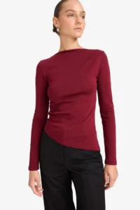 DeFacto Slim Fit Boat Neck Ribbed Long Sleeve T-Shirt - Image 4