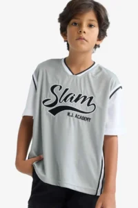 DeFacto Oversize Wide Fit V-Neck Embroidered Tulle Short Sleeve T-Shirt for Boys - Image 2