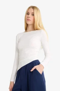 DeFacto Fitted Crew Neck Ribbed Long Sleeve T-Shirt - Image 3