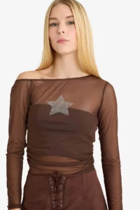 DeFacto Fitted Crew Neck One Shoulder Tulle Long Sleeve T-Shirt