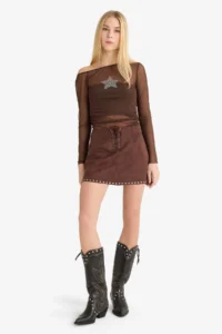 DeFacto Fitted Crew Neck One Shoulder Tulle Long Sleeve T-Shirt - Image 2