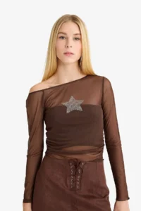 DeFacto Fitted Crew Neck One Shoulder Tulle Long Sleeve T-Shirt - Image 3