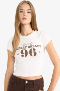 DeFacto Fitted Crew Neck Printed Ribbed Short Sleeve T-Shirt - Image 3