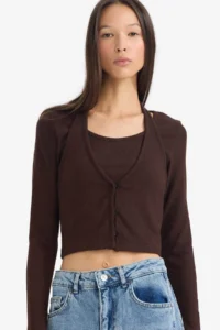 DeFacto Halter Neck Layered Ribbed Long Sleeve T-Shirt