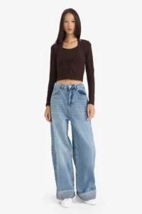 DeFacto Halter Neck Layered Ribbed Long Sleeve T-Shirt - Image 2