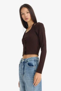 DeFacto Halter Neck Layered Ribbed Long Sleeve T-Shirt - Image 3