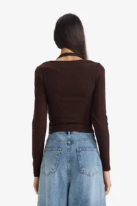 DeFacto Halter Neck Layered Ribbed Long Sleeve T-Shirt - Image 5