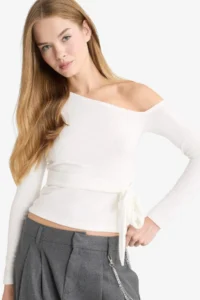 DeFacto Fitted One Shoulder Tie Detailed Long Sleeve Blouse - Image 2