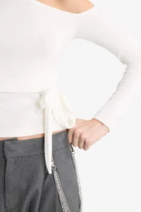 DeFacto Fitted One Shoulder Tie Detailed Long Sleeve Blouse - Image 4