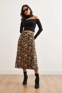Olalook Women's Leopard Stone Elastic Waist Suede Textured Bell Skirt - Image 4