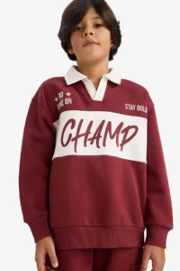 DeFacto Oversize Wide Fit Polo Neck Printed Soft Lined Sweatshirt Boy