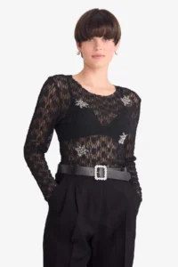 DeFacto Slim Fit Narrow Cut Crew Neck Lace Embroidered Long Sleeve Blouse