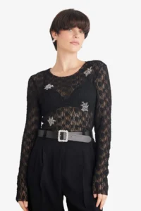 DeFacto Slim Fit Narrow Cut Crew Neck Lace Embroidered Long Sleeve Blouse - Image 3
