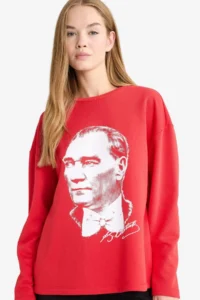 DeFacto Oversize Wide Fit Crew Neck Ataturk Printed Thick Long Sleeve T-Shirt