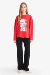 DeFacto Oversize Wide Fit Crew Neck Ataturk Printed Thick Long Sleeve T-Shirt - Image 2