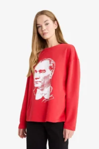 DeFacto Oversize Wide Fit Crew Neck Ataturk Printed Thick Long Sleeve T-Shirt - Image 3