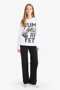 DeFacto Oversize Wide Fit Crew Neck Ataturk Printed Thick Long Sleeve T-Shirt - Image 2