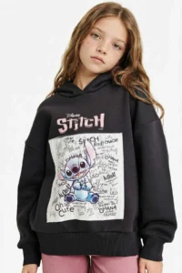 DeFacto Disney Lilo & Stitch Oversize Wide Fit Hooded Soft Fuzzy Sweatshirt Girl Child