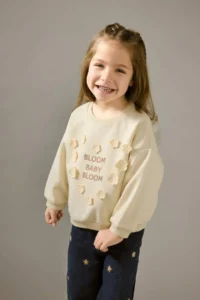 DeFacto Oversize Wide Fit Crew Neck Floral Embroidered Soft Furry Sweatshirt for Baby Girl