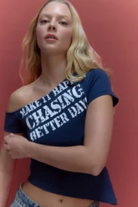 DeFacto 100% Cotton Fitted Boat Neck Slogan Printed Ribbed T-Shirt