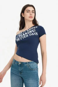 DeFacto 100% Cotton Fitted Boat Neck Slogan Printed Ribbed T-Shirt - Image 4