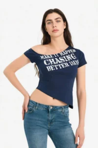DeFacto 100% Cotton Fitted Boat Neck Slogan Printed Ribbed T-Shirt - Image 5