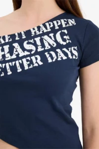 DeFacto 100% Cotton Fitted Boat Neck Slogan Printed Ribbed T-Shirt - Image 6