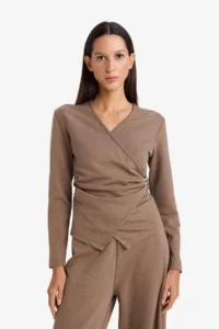 DeFacto Regular Fit Wrap Collar Long Sleeve Blouse with Accessory Detail - Image 3