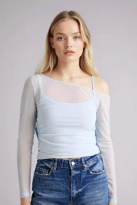 DeFacto Fitted off shoulder Tulle T-Shirt - Image 4