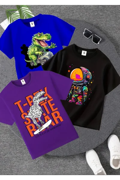 twins tailors Trex Dinosaur Printed 3-Pack Unisex Purple-Sax Blue-Black Children's T-Shirt