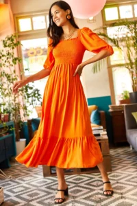 Olalook Women's Orange Glittered Square Collar Bodrum Dress - Image 4