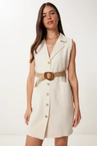 Happiness İstanbul Women Cream Wicker Arched Mini Linen Dress - Image 3