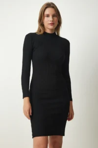 Happiness İstanbul Women's Black High Collar Ribbed Lycra Knitted Dress - Image 2
