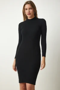 Happiness İstanbul Women's Black High Collar Ribbed Lycra Knitted Dress - Image 3