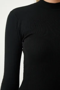 Happiness İstanbul Women's Black High Collar Ribbed Lycra Knitted Dress - Image 4