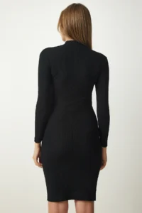 Happiness İstanbul Women's Black High Collar Ribbed Lycra Knitted Dress - Image 5