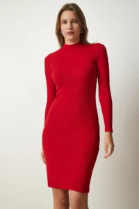 Happiness İstanbul Women's Red High Collar Corduroy Lycra Knitted Dress - Image 2