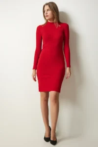 Happiness İstanbul Women's Red High Collar Corduroy Lycra Knitted Dress - Image 3