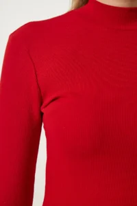 Happiness İstanbul Women's Red High Collar Corduroy Lycra Knitted Dress - Image 4