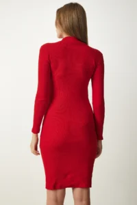Happiness İstanbul Women's Red High Collar Corduroy Lycra Knitted Dress - Image 5