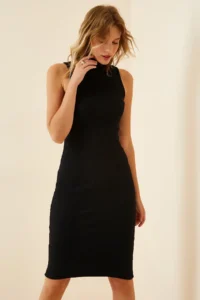 Happiness İstanbul Women's Black High Collar Ribbed Lycra Knitted Dress - Image 2