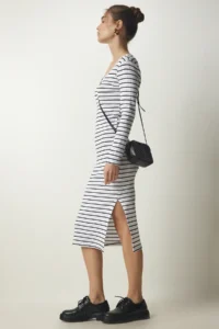 Happiness İstanbul Women's White Striped Slit Saran Knitted Dress