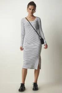 Happiness İstanbul Women's White Striped Slit Saran Knitted Dress - Image 2
