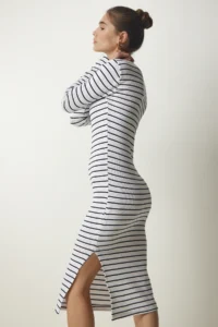 Happiness İstanbul Women's White Striped Slit Saran Knitted Dress - Image 3