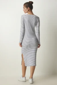 Happiness İstanbul Women's White Striped Slit Saran Knitted Dress - Image 6