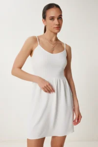 Happiness İstanbul Women's Ecru Strappy Flexible Summer Mini Knitted Dress