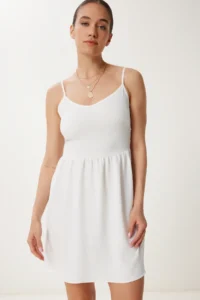 Happiness İstanbul Women's Ecru Strappy Flexible Summer Mini Knitted Dress - Image 2